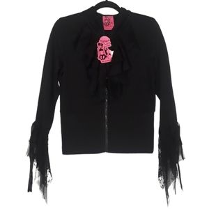 TOUGH LUV Silver Metallic Print Black Lace Sleeve Zip Up Sweater L NWT